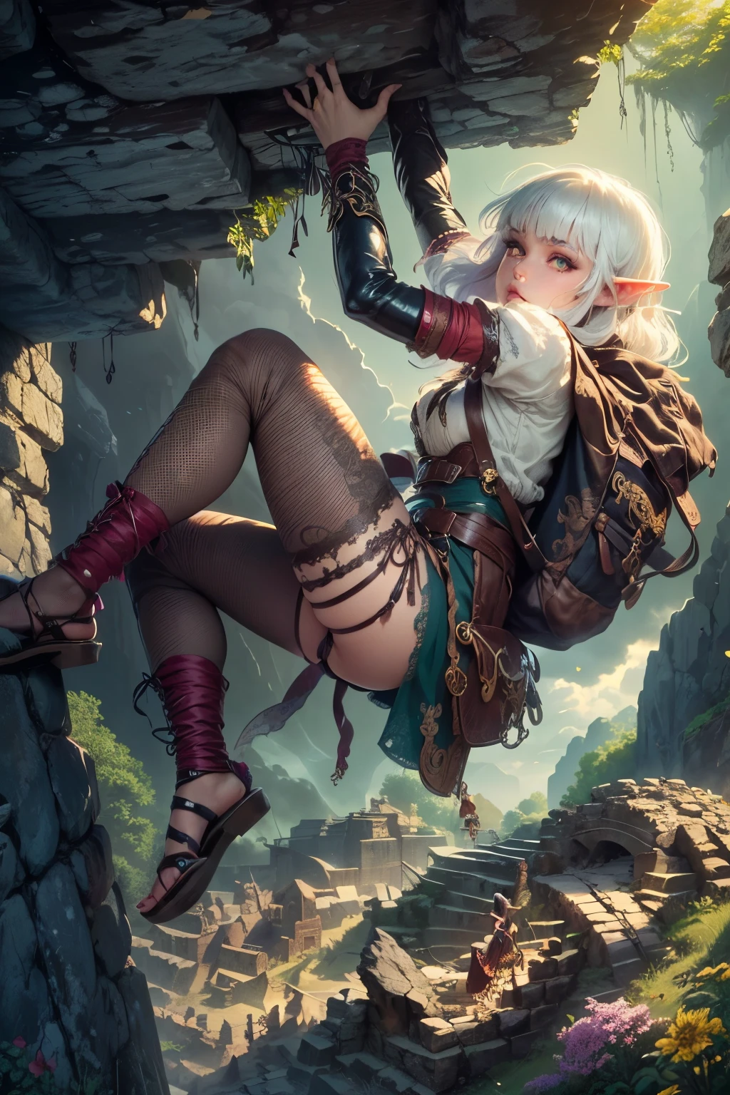 (Ultra-detailed face, Looking away, Gothic Illustration, Dark tone colors. She has five fingers on her hands and five toes on her feet.), BREAK
(Spring daytime when the sun shines brightly. A haze hangs in the air. Ancient stone ruins that create a mysterious atmosphere. Petals of spring flowers are dancing in the air.), BREAK
(A female dark elf adventurer is moving along a wall through a narrow passageway piled with stones. Her arms and legs are outstretched, and she hangs her limbs on the clues of the stone wall in a daring pose.), BREAK
(She has pure white hair, pure white eyebrows, blunt bangs, hair reaching to her waist that waves in the wind, small pink lips, lavender eyes, dark purple skin, and thick eyeliner. She enjoys adventure.), (She wears a traditional short, dark green, medieval European-style lace-up dress with cherry-red lace ribbon tie and embroidered cherry blossoms, and brown leather laced sandals.)
