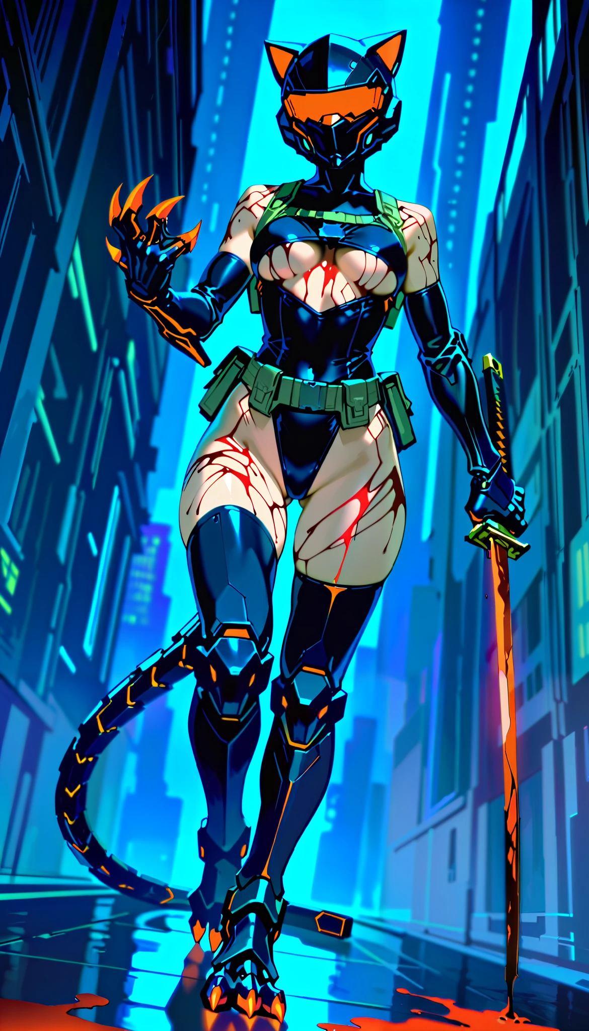 Best quality, masterpiece, (((1girl))), (((solo))), dense cyberpunk city background, dense city street, neon lit street, raining, night time, wet skin, cyberpunk, anime, full-face helmet with cat ears, black helmet, red glowing cat ears, hourglass figure, toned body, athletic, skimpy clothing, (((black leotard))), underboob cutout, (((underboob))), black tactical gear, skimpy tactical gear, (((holding katana))), (((covered in blood))), (((blood splatters))), (((blood everywhere))), (((blood all over body))), (((gore))), (((view from ground))), (((cat eyes visible in helmet))), black thigh highs, red and black tactical gear, glowing neon red katana blade, (((blood dripping from katana))), (((bloodbath))), (((mechanical tail))), ((segmented tail) (((glowing neon red tail))), (((glowing neon red claws))), (((glowing neon red helmet visor))), tactical chest harness, tactical knee pads, tactical elbow pads, tactical gloves, tactical thigh harness, (((tactical utility belt))), (((tactical body harness))), (((cybernetic legs))), (((cybernetic lines on skin))), (((dutch angle))), (((hand in claw shape))), (((hips cocked))), shoulders visible, black arm bands on biceps, (((medium breasts))), cybernetic legs, (((mechanical claw feet))), (((walking towards viewer))), (((sexy walk)))