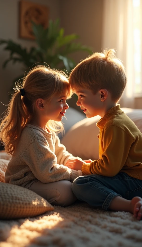A boy sitting and a girl lying down with a shadow on the window