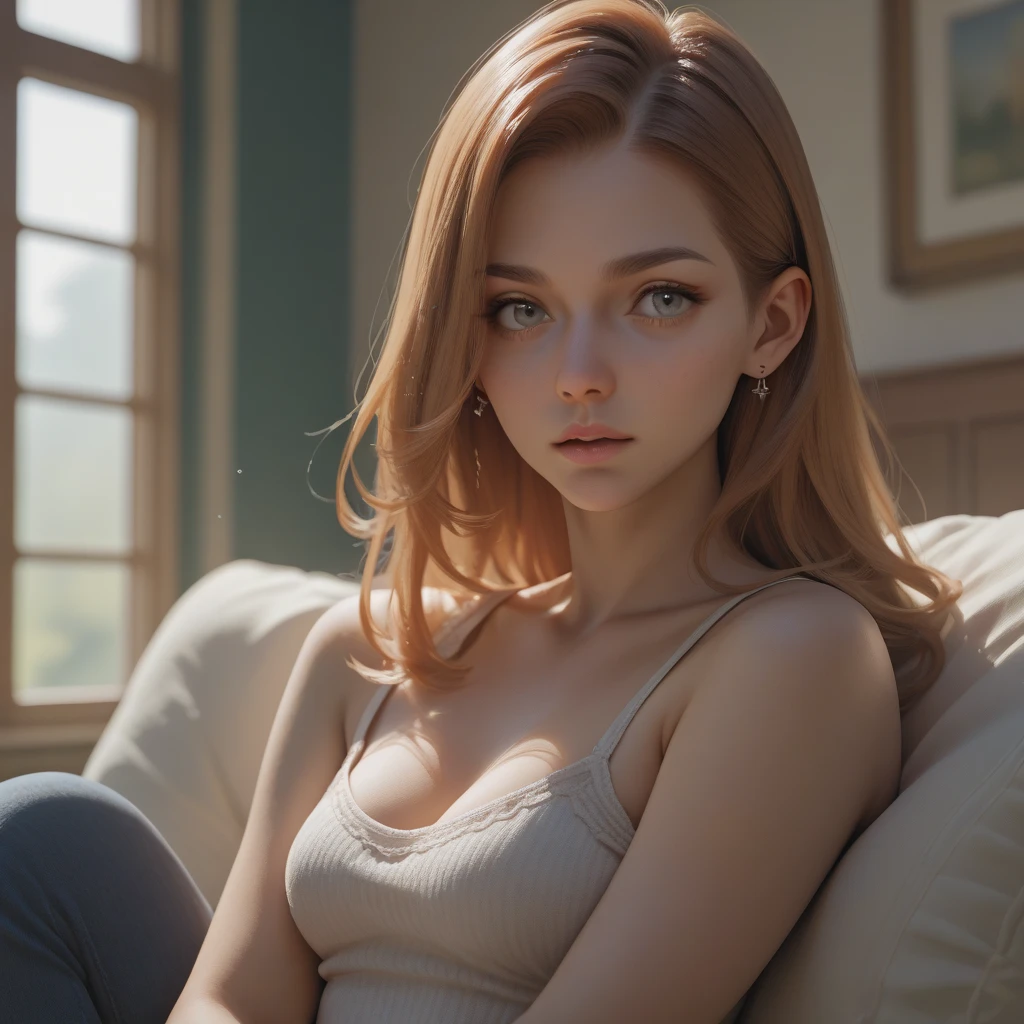 (whole body:1.5),octane rendering, 8K, best quality, masterpiece, backlit scene, single light,illustration, extremely delicate and beautiful, detailed,extremely detailed,CG,Unite,wallpaper,Astonishing, fine details, realistic art: 1.2 ,masterpiece, best quality, official art, extremely detailed CG Unite 8K wallpaper,1 girl, 16 years old, wearing lingerie, sitting on couch with legs spread apart, skinny body, shocked facial expression,,wide open eyes, green eyes, light red hair, widows peak, pretty symetrical face, shiny wet skin, white skin, freckles, pale complexion, thin waist, narrow hips, long legs, skinny body, small breasts, , Realistic photos, (hiqcgbody) ,perfect female figure,