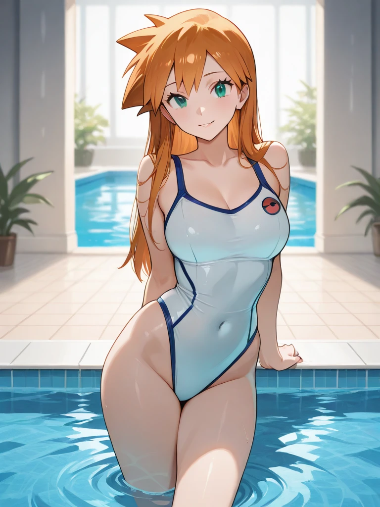 score_9, score_8_up, score_7_up, score_6_up, score_5_up, score_4_up, (source_anime), 1girl, neon genesis evangellion,( asuka langley soryu, small breasts, big Thighs, puffy nipples), far, full body, Swimming pool ,Revealing the breasts, Swimsuit, Wet, school