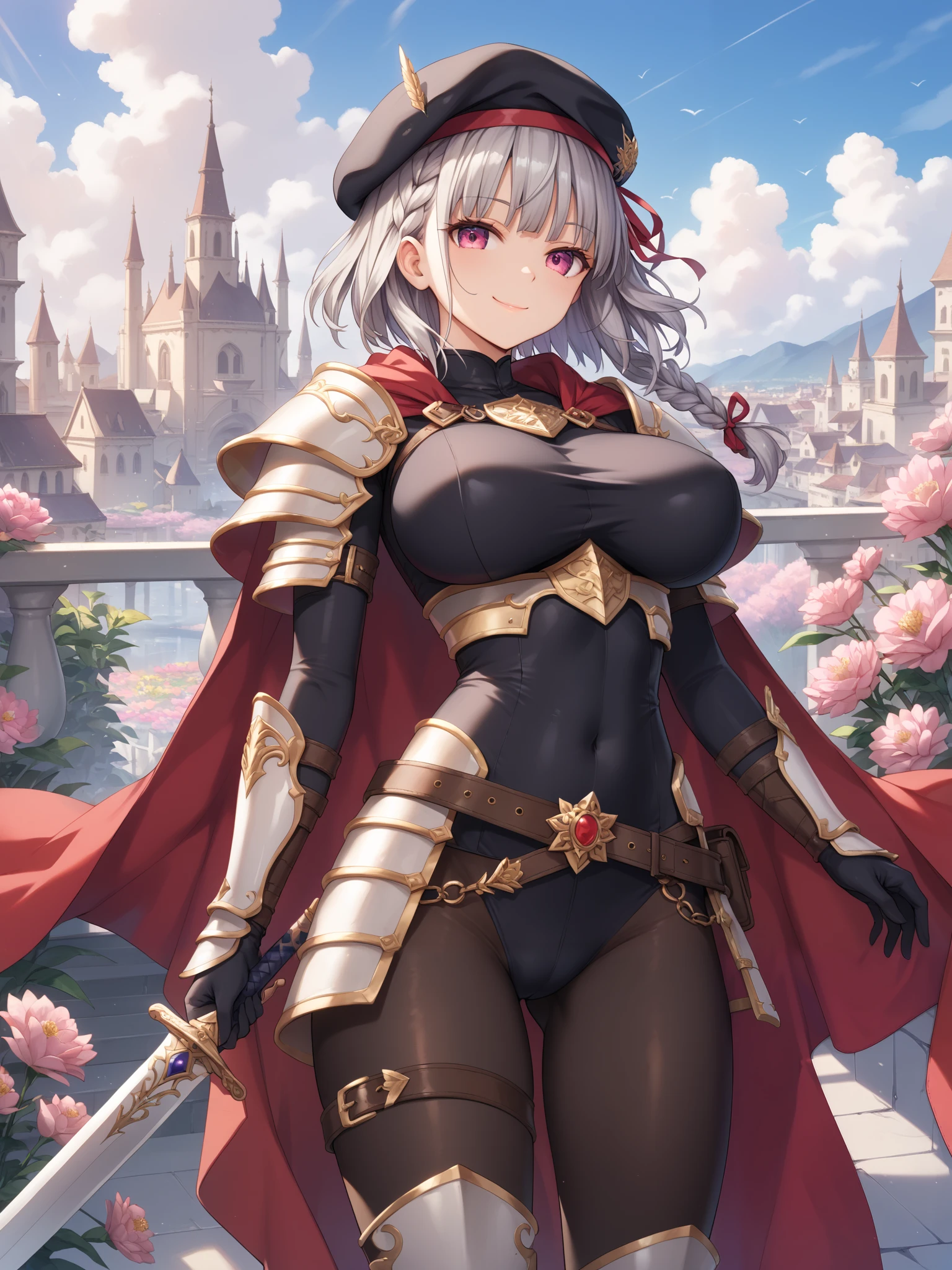 masterpiece, best quality, integrated scenery, integrated background, extremely delicate and beautiful, meticulous details, good composition,  cute face, perfect face, perfect hands,  fantasy, 1petite_girl,very_young_girl,petit ,light_grey_hair, short_hair, one_side_long_braid_bangs, ,thigh_belts,thighs_armors,,silver_armor,flowers_beret, waist_large_belt, waist_armor, gigantic_breasts,half_closed_eyes,floating_hair, bare_crotch,heavy&large_gauntlet, large_greaves,city_background,slightly_spread_legs, solo, groin_shaped_clothes,lean_back,open_legs,closed_mouth,light_smile,cape, Carrying_sheathed_huge_sword_at_waist,(navel:0.5),black_lace_tights_bodysuit, gold_embroidery,covered_breasts,