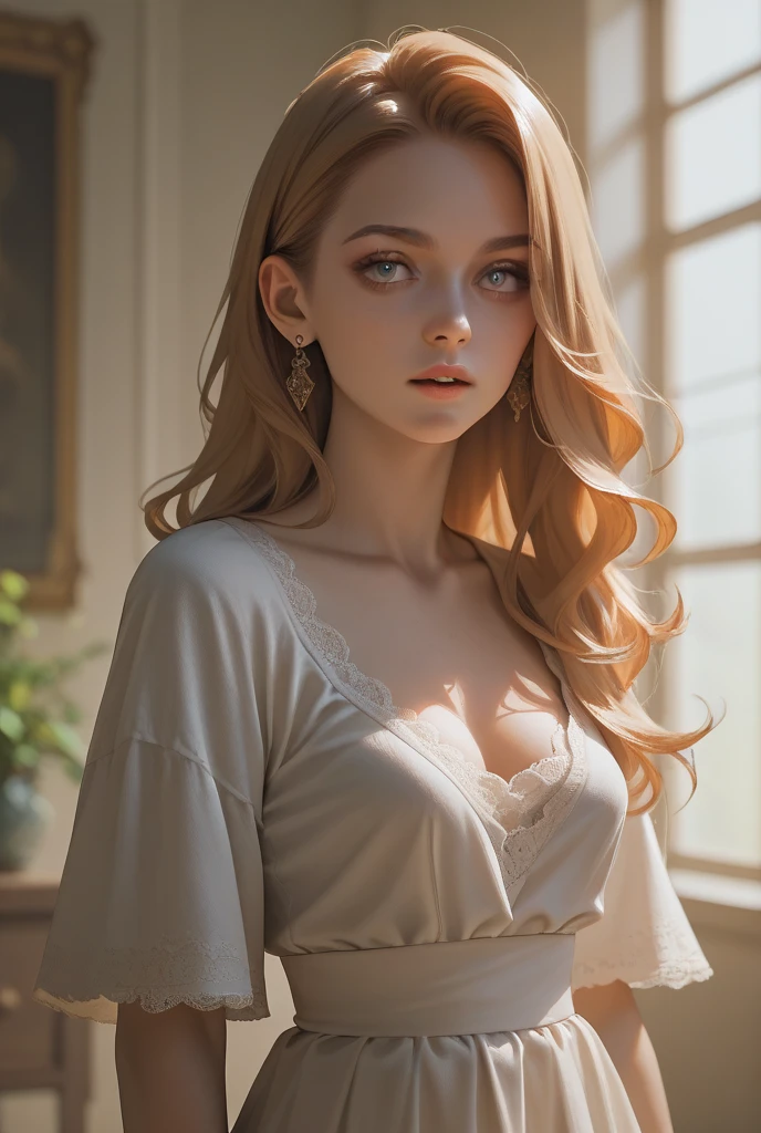 european young beautiful woman, nightgown, sleepy, wild hair, frail, medium shot, hyperrealystic, detailed, 4k, lightroom --auto --s2