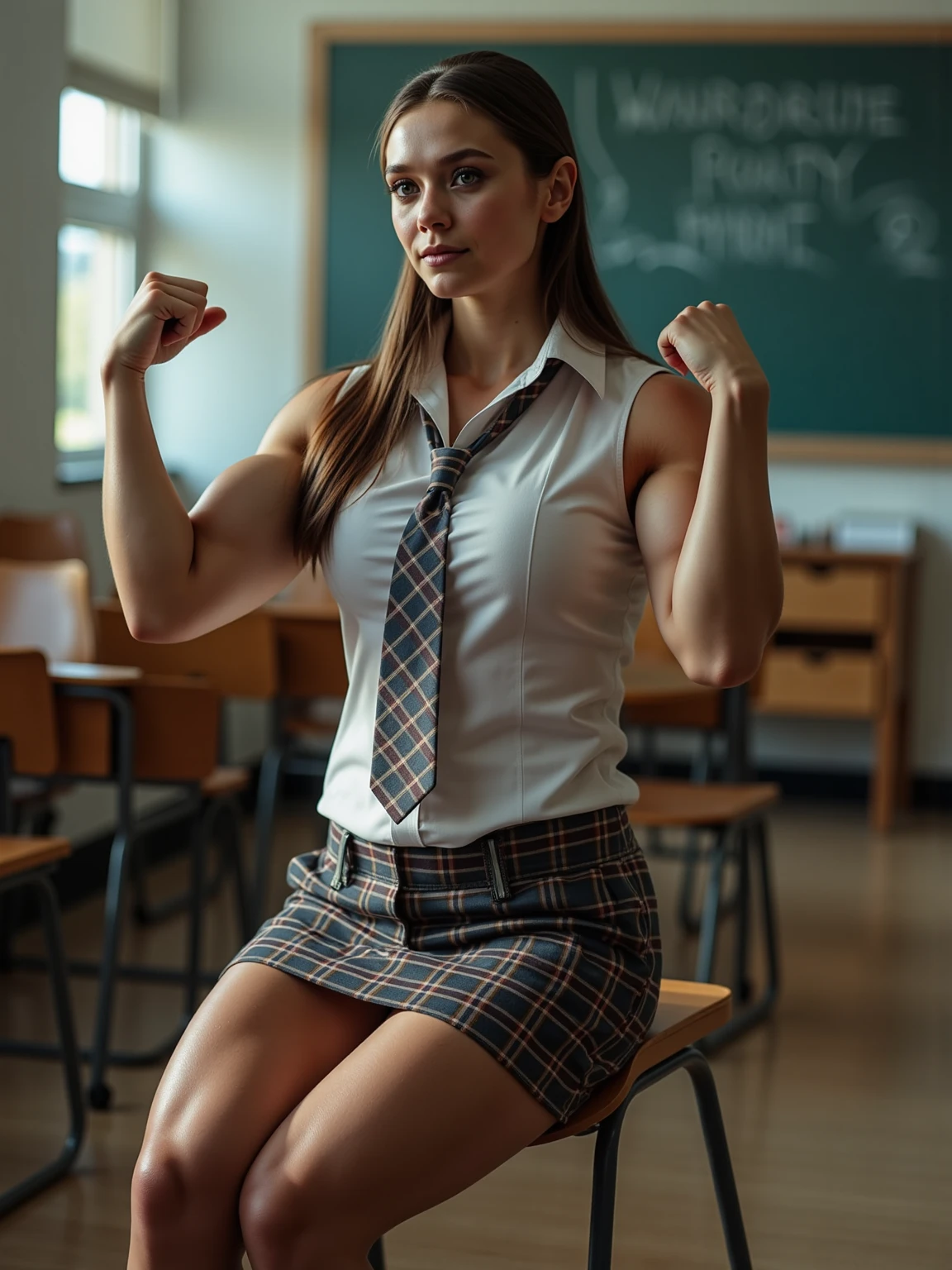 12 year old Sydney Sweeney a heavily muscled iffb pro female bodybuilder,  a  wearing a tight unbuttoned shirt, red tie,  sill, skirt, pantyhose, silk skirt over pantyhose ,fmg,  in a classroom,  snood by a blackboard,  ,uniformsbodypaint