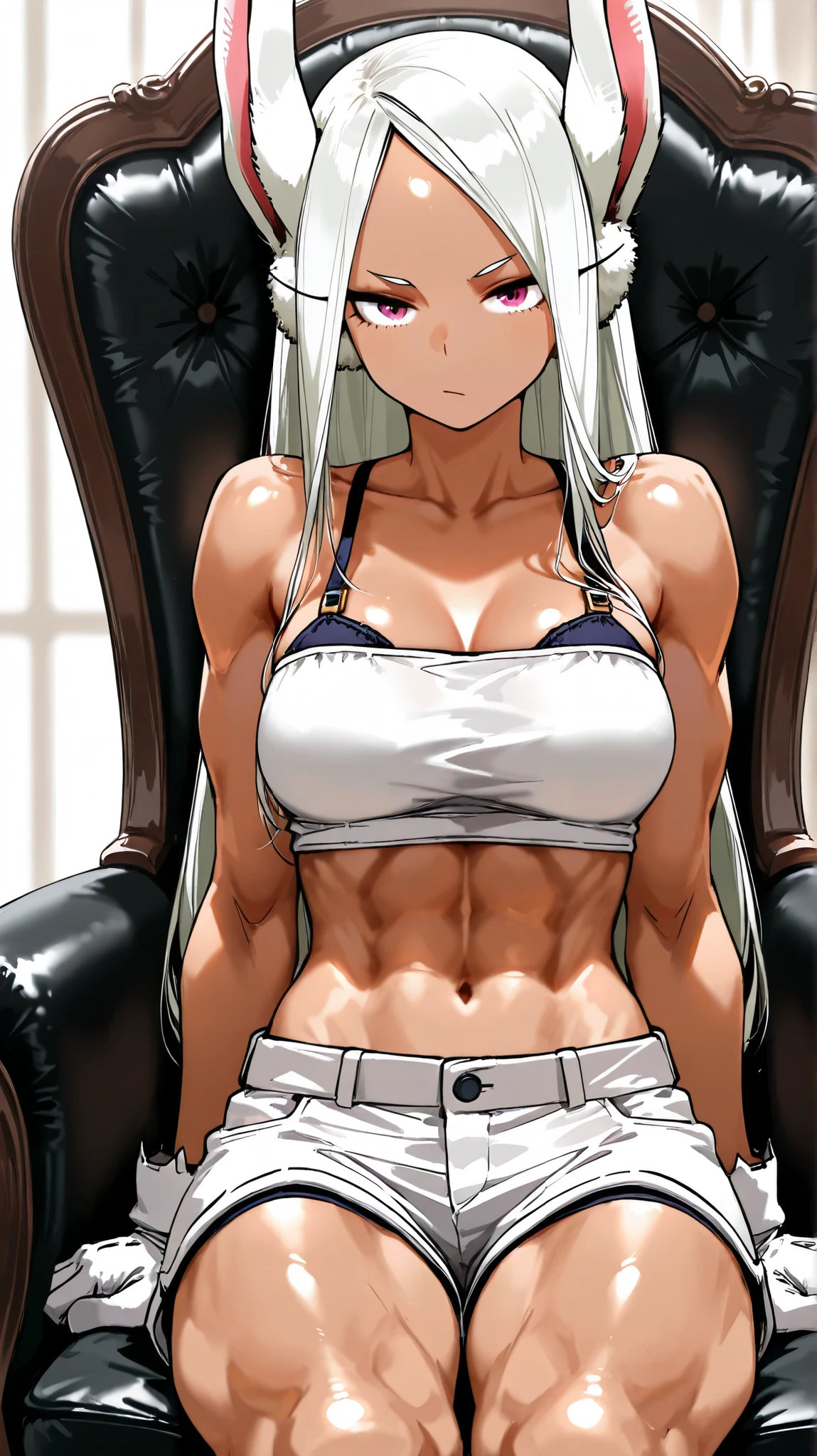 scan, (extremely detailed CG unity 8k wallpaper:1.1), highres, (1girl), mirkomha, boku no hero academia, rabbit ears, ((dark-skinned female)), ((dark skin)), red eyes, white gloves, (white hair, long hair), large breasts, night, looking at viewer, smirk, house, bed, muscular, muscle, belly, armpits, nude, desnudo, breasts