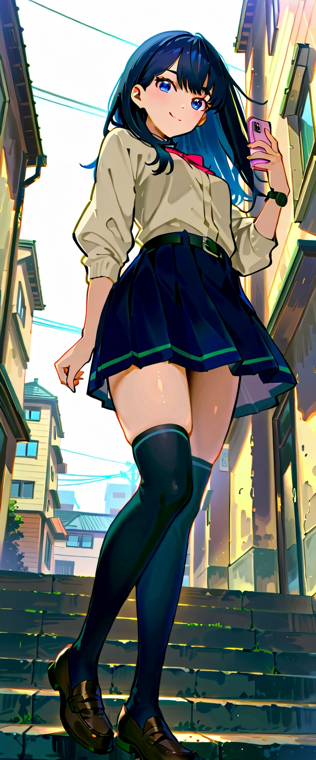 highest quality、one girl、15 years old、full body figure，big 、big tits perfect five fingered hands、Nino Nakano,shy face、perfect thing、big breasts、perfect arms、perfect legs、detailed description、small details、detailed face、white skin、Voluptuous legs、In town、In town、back view、look back、turn around、Pose that emphasizes the buttocks、Black Panties、I can see your panties、Skirt flip、lift skirt、nino nakano, short hair, bangs, blue eyes, hair ornament, hair ribbon, pink hair, blunt bangs, two side up, butterfly hair ornament,skirt, shirt, long sleeves, white shirt, pleated skirt, open clothes, collared shirt, sleeves past wrists, dress shirt, cardigan, green skirt, open cardigan, black cardigan,white thighs socks