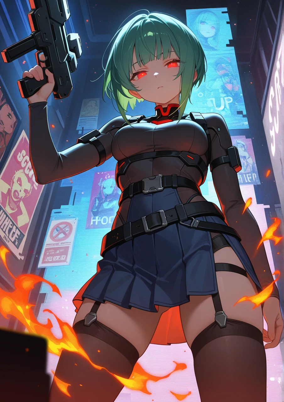 Masterpiece, best quality, Masterpiece, best quality, 1 woman , blue eyes , yellow ponytail , black leather jacket , sly face , smile , bikini , abdomen, big breasts , Long legs , boots , hands on hips , abandoned factory , at night