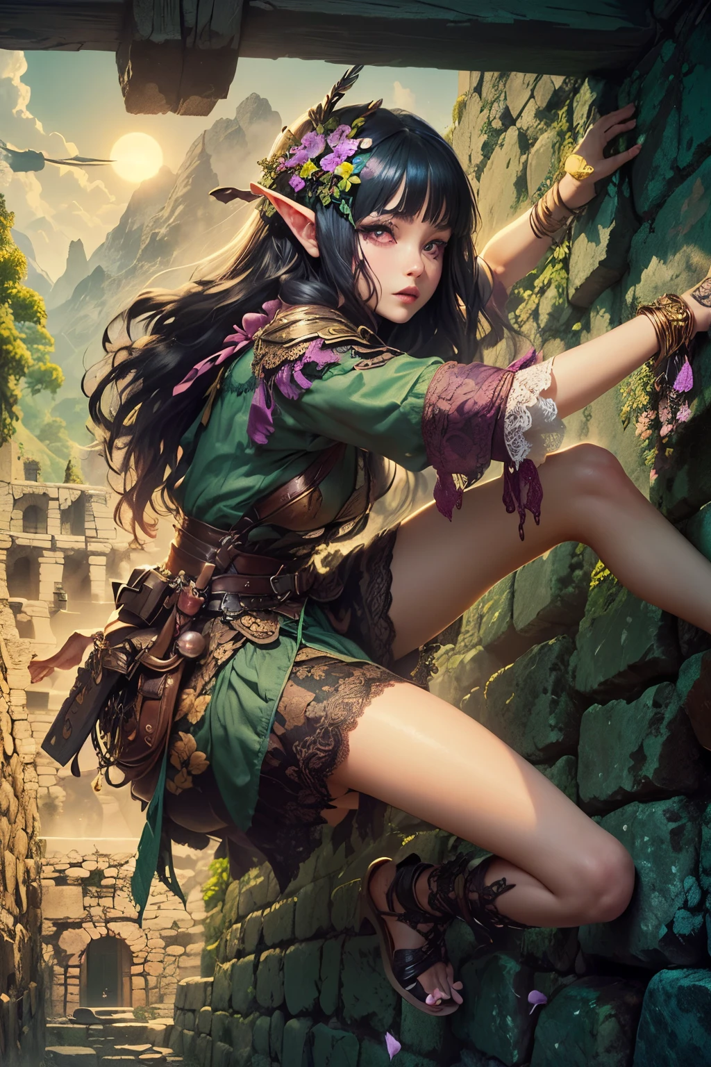 (Ultra-detailed face, Looking away, Gothic Illustration, Dark tone colors. She has five fingers on her hands and five toes on her feet.), BREAK
(Spring daytime when the sun shines brightly. A haze hangs in the air. Ancient stone ruins that create a mysterious atmosphere. Petals of spring flowers are dancing in the air.), BREAK
(A female dark elf adventurer is moving along a wall through a narrow passageway piled with stones. Her arms and legs are outstretched, and she hangs her limbs on the clues of the stone wall in a daring pose.), BREAK
(She has pure white hair, pure white eyebrows, blunt bangs, hair reaching to her waist that waves in the wind, small pink lips, lavender eyes, dark purple skin, and thick eyeliner. She enjoys adventure.), (She wears a traditional short, dark green, medieval European-style lace-up dress with cherry-red lace ribbon tie and embroidered cherry blossoms, and brown leather laced sandals.)