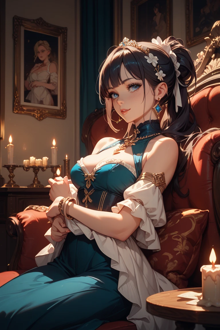 Perverted man Possessed Garnet, glowing red eyes, smirk, tongue sticking out, horror ambience, dark, wearing white royalty queens attire, seductively, menacing throne room, hands behind head, armpit