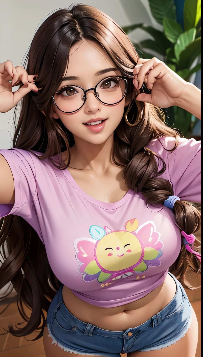 Amazing portrait of a sexy and cute woman with an infectious smile that lights up her round, youthful face, almond-shaped eyes sparkle with curiosity behind her trendy purple glasses, long, wavy hair cascades down her shoulders in a rich, chocolate brown hue,  donning a bright pink t-shirt adorned with a whimsical floral design, paired with distressed jeans and colorful sneakers.