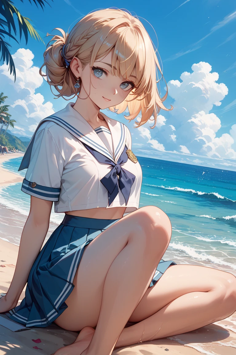 Highest quality、High resolution、Detailed Background、(Beautiful face in every detail:1.4)、Anatomically correct、(Normal number of fingers:1.2)、(Detailed eyes:1.2)、Teenage beauty、Highly detailed face、(Huge breasts:1.2)、Attractive ass、Attractive thick thighs、Perfect body line、
Light color hair、Braided Ponytail、Braided bob cut、well-groomed eyebrows、(Short-sleeved white sailor suit、White sailor collar、Pleated skirt)、cute gesture、Sandy beach in clear weather、barefoot、Blushing、(underboob:1.2)、My clothes are wet and transparent、Panty shot、(Beautiful girl lying on the beach with a happy expression:1.5)、cute