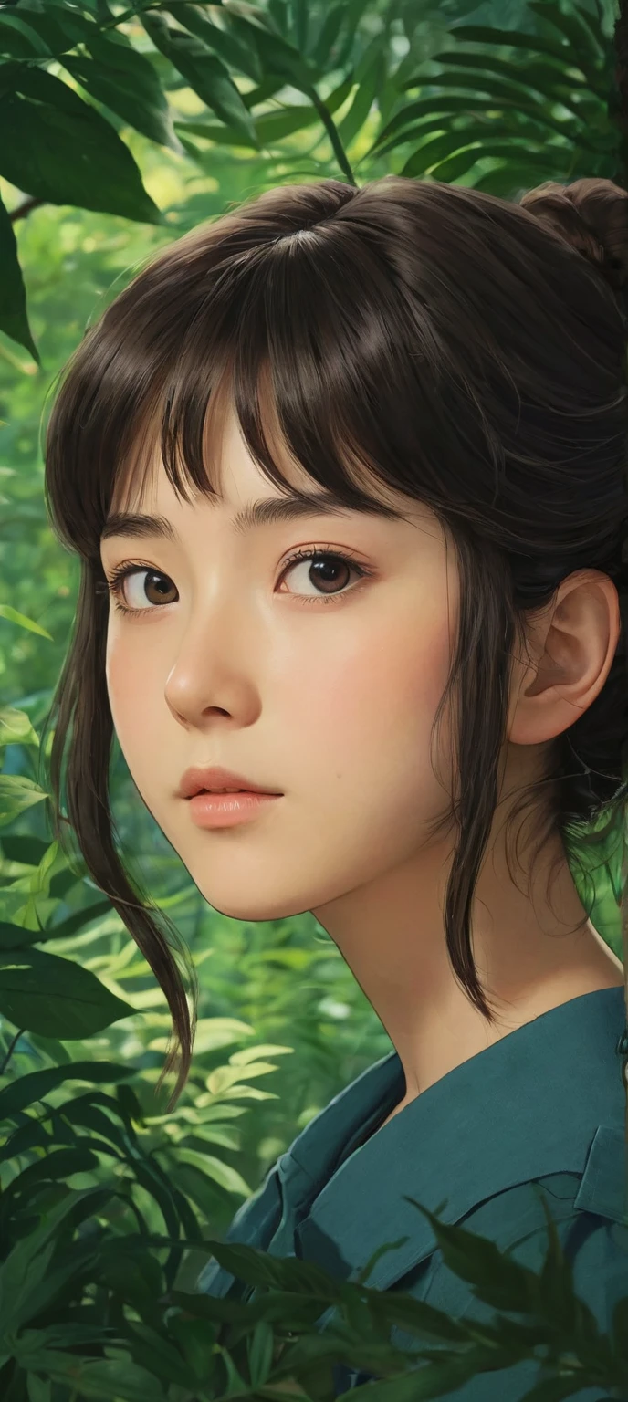 Spirited Away,Strong gaze,tension,Perfect composition,masterpiece,Highest quality,Outdoor,green,Natural light,Fresh,Vivid contrast,Bright colors,Hyperrealism art movie film stills with detailed hyperrealism photography style,