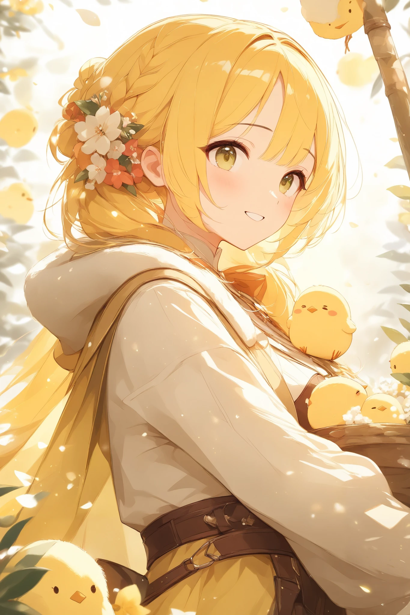 (masterpiece:1.2),high quality of wavy lines、very breathtaking、beautiful details、best quality、((Three-dimensional works))、warm, pale hues、fantasy world of the woman on the right、chick and adventurer girl、((Cute chick))
