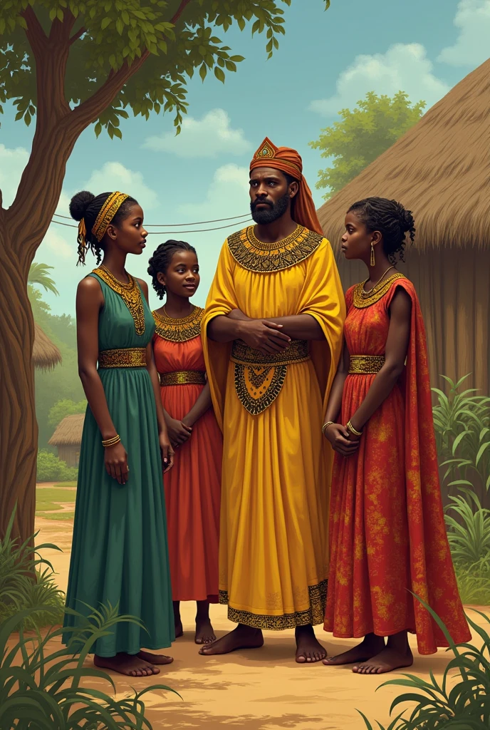 A portrait of an African King and his children in a village