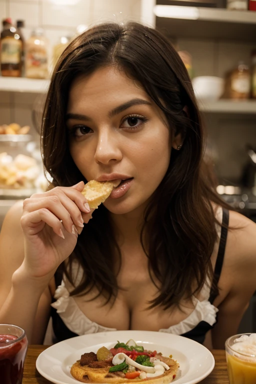 Pretty 20 year old woman, morena clara, pelaje negro, comiendo pollo frito (pollo)(frito)(KFC)(comedor)