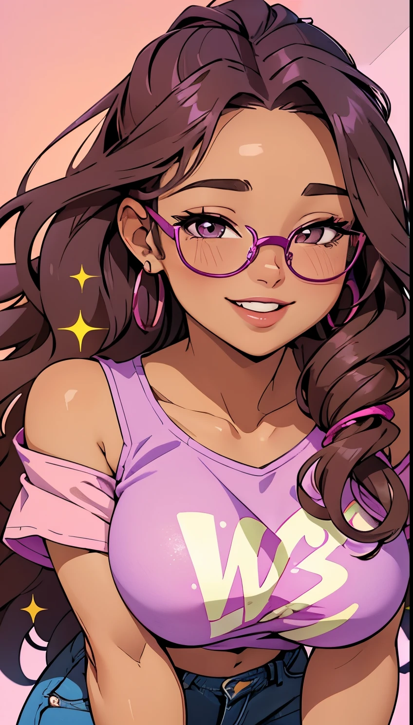 Amazing portrait of a sexy and cute woman with an infectious smile that lights up her round, youthful face, almond-shaped eyes sparkle with curiosity behind her trendy purple glasses, long, wavy hair cascades down her shoulders in a rich, chocolate brown hue, donning a bright pink t-shirt adorned with a whimsical floral design, paired with distressed jeans and colorful sneakers.