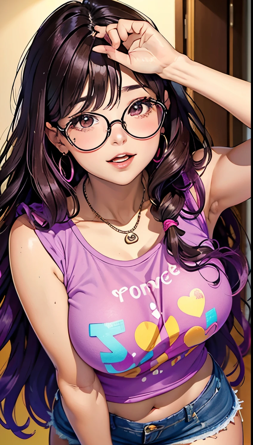 Amazing portrait of a sexy and cute woman with an infectious smile that lights up her round, youthful face, almond-shaped eyes sparkle with curiosity behind her trendy purple glasses, long, wavy hair cascades down her shoulders in a rich, chocolate brown hue, donning a bright pink t-shirt adorned with a whimsical floral design, paired with distressed jeans and colorful sneakers.