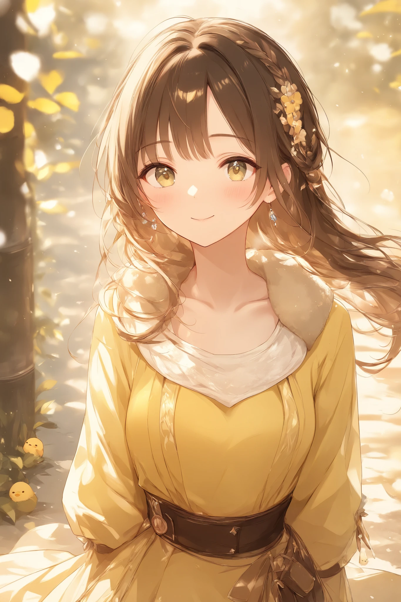 (masterpiece:1.2),high quality of wavy lines、very breathtaking、beautiful details、best quality、((Three-dimensional works))、warm, pale hues、fantasy world of the woman on the right、chick and adventurer girl、((Cute chick))