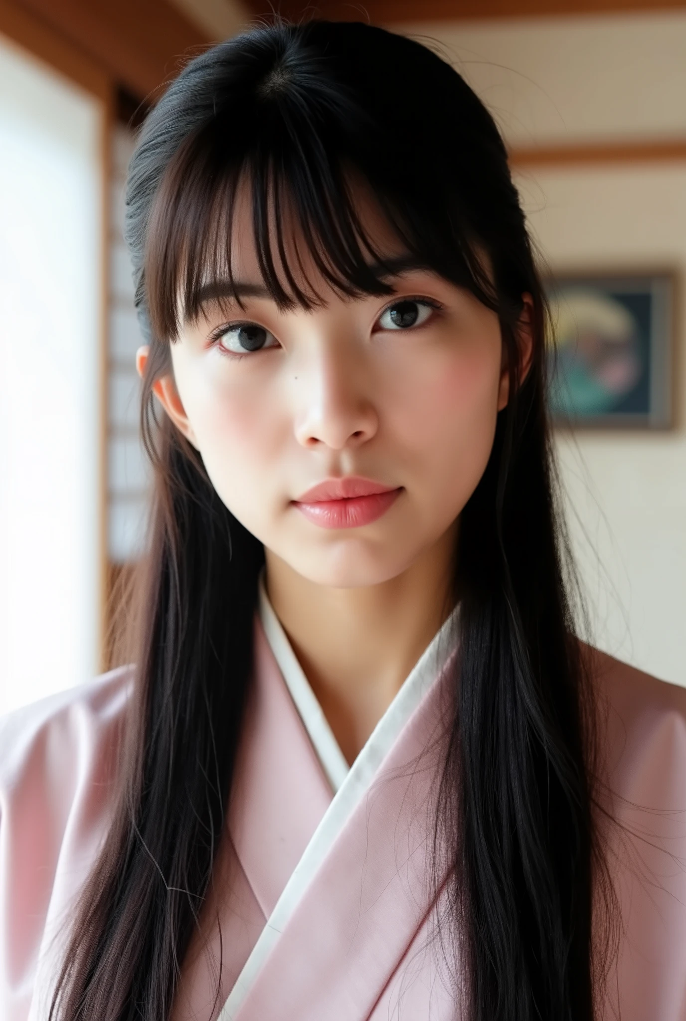 A close up of a woman with long black hair wearing a pink robe - SeaArt AI