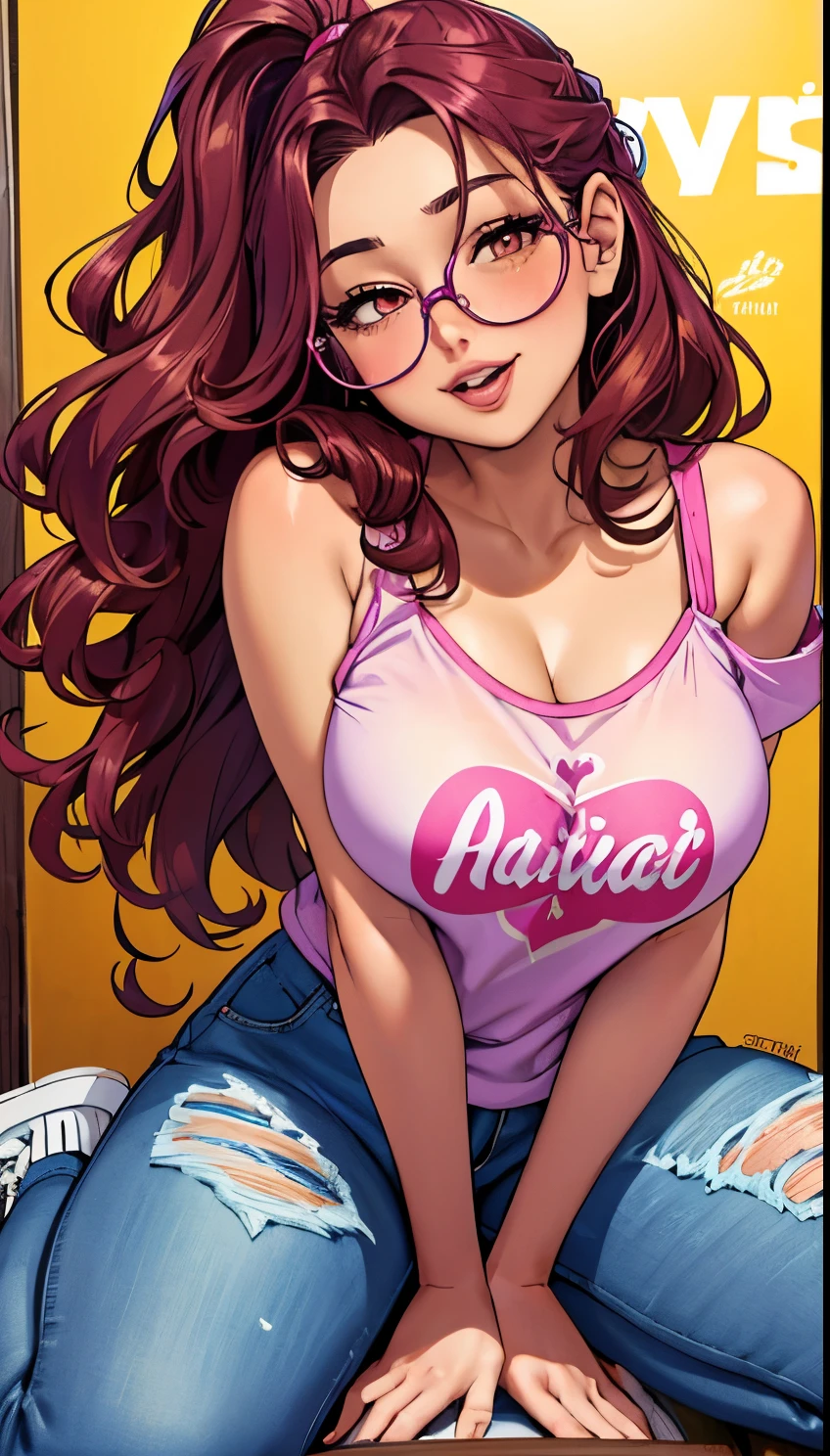 Amazing portrait of a sexy and cute woman with an infectious smile that lights up her round, youthful face, almond-shaped eyes sparkle with curiosity behind her trendy purple glasses, long, wavy hair cascades down her shoulders in a rich, chocolate brown hue, donning a bright pink t-shirt adorned with a whimsical floral design, paired with distressed jeans and colorful sneakers.