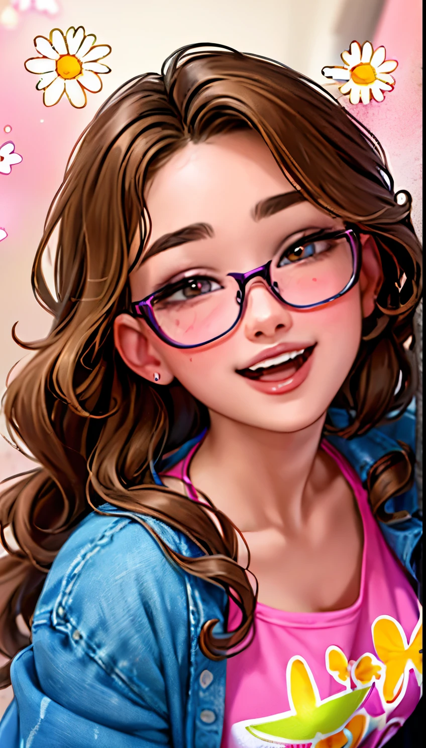 Amazing portrait of a sexy and cute woman with an infectious smile that lights up her round, youthful face, almond-shaped eyes sparkle with curiosity behind her trendy purple glasses, long, wavy hair cascades down her shoulders in a rich, chocolate brown hue, donning a bright pink t-shirt adorned with a whimsical floral design, paired with distressed jeans and colorful sneakers.