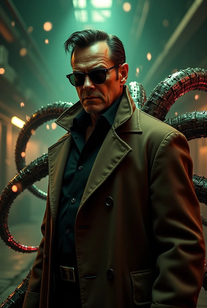 man with a bullet in a dark alley surrounded by snakes controlled by him