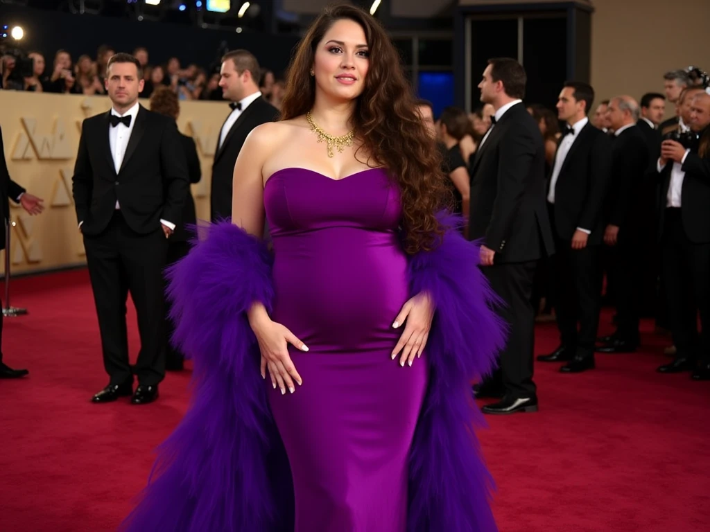heavily pregnant holding her big belly wearing velvet maternity and accesories having contraction pain on red carpet