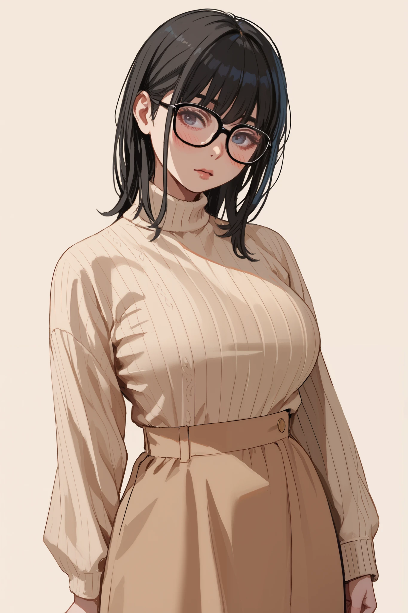 1 curvy girl, medium black hair, bangs, voluptuous, black frame glasses, beige sweater dress, blush lines, simple background
