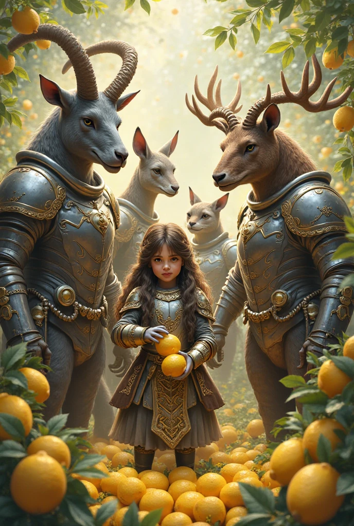 Cat, goat, kangaroo and dinosaur in armour like this and then a girl with moose horns in armour collecting lemons