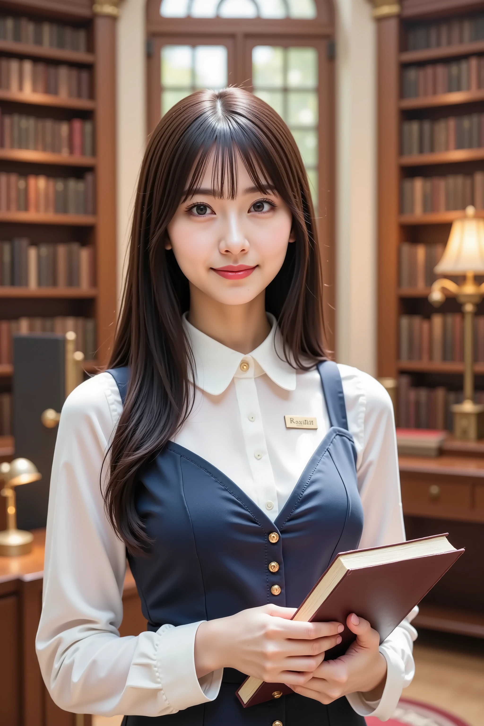big breast, A medium close-up shot, ultra-realistic digital illustration of a beautiful young Asian woman in a grand library. She has long, straight, silky black hair with soft bangs framing her delicate face. Her radiant skin has a natural blush, complementing her warm smile. Her large, expressive dark brown eyes are framed by long lashes, conveying intelligence and kindness. Her well-groomed eyebrows have a gentle arch, and her full lips, naturally pink, are slightly parted in a welcoming smile.
She is dressed in a classic librarian outfit: a crisp white blouse with a high-collared neckline and a fitted navy-blue vest with subtle embroidery. A small golden name tag is pinned to her vest, and delicate reading glasses rest on her nose. In her hands, she holds a large, leather-bound book, as if about to return it to a shelf or assist a visitor.
The background showcases a grand, warmly lit library, featuring towering wooden bookshelves filled with countless books. Soft natural light streams through large arched windows, illuminating the elegant atmosphere. Antique brass reading lamps cast a golden glow onto the polished wooden surfaces, enhancing the refined setting.
The composition is balanced, with the subject centrally framed, ensuring a clear view of her upper body and attire while allowing the library's ambiance to be visible. The image is rendered in stunning 8K resolution, capturing every intricate detail with lifelike clarity.