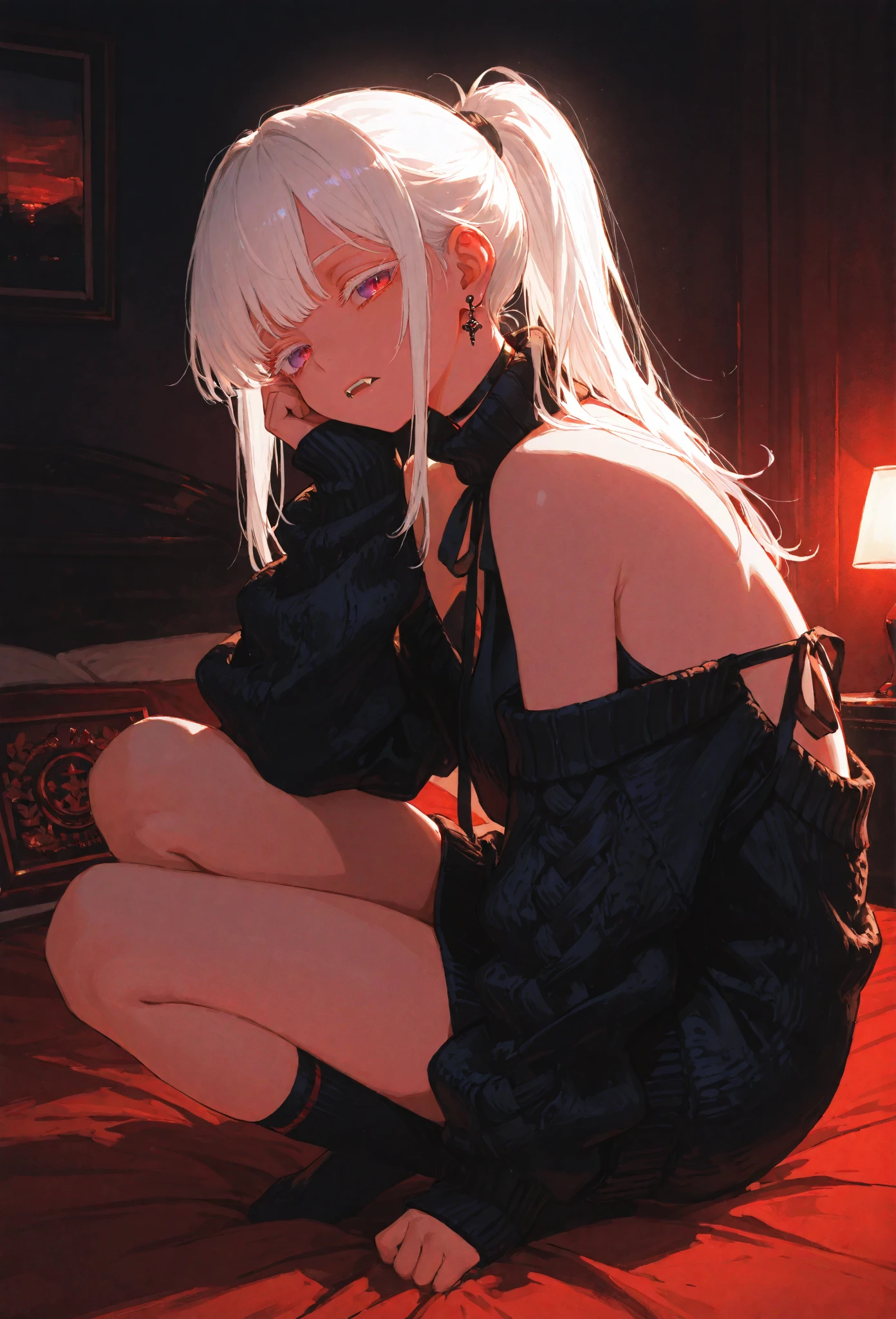 masterpiece, best quality, high resolution, fiona1, spy × family, hair_over_one_eye, solo, earrings, chest, expressionless, sweater dress, turtleneck sweater, sleeveless, outdoors, sitting, bench, platinum blonde, medium hair, red eyes