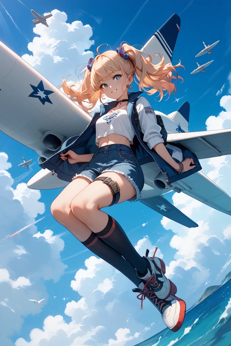 (((one japanese girl, pilot, prop plane, airplane, fighter aircraft, Fighter Pilot, Cockpit of a fighter, A6M Zero fighter plane, Messerschmitt fighter plane, wearing a flying cap, Flying cap with goggles, wearing a white silk scarf, the scarf fluttering in the wind, Looking out from the cockpit, outside the sky, clouds in the sky

