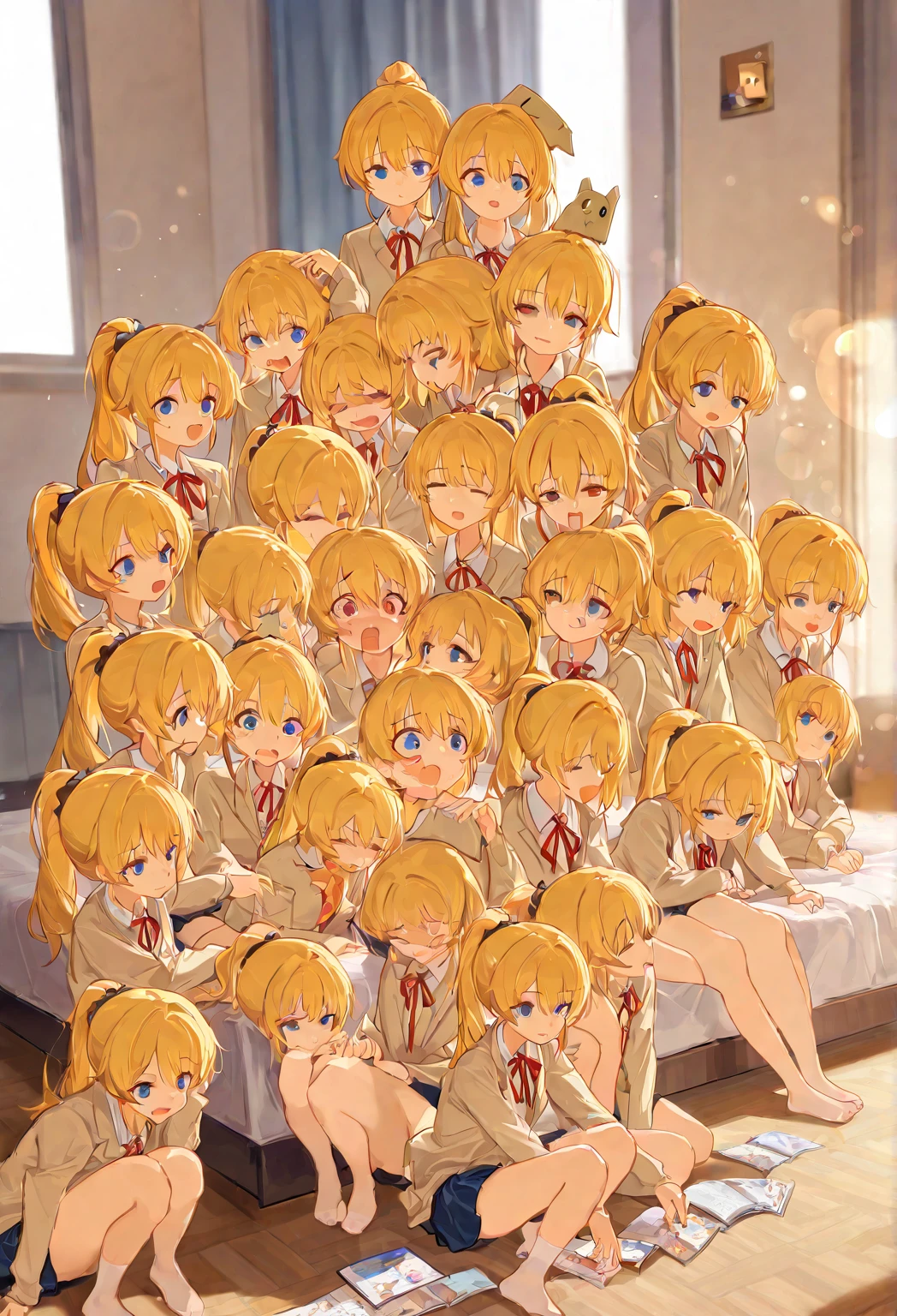 cute nudist blonde girl、A lot of close elementary school boys hugging each other、surround each other'neck of、Laughter and joy、Group Selfies、photo studio、Poses