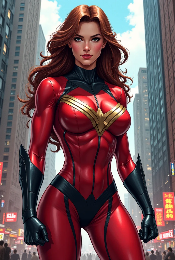 (Highly quality, masterpiece, detailed), Night city detailed scenario, Night city detailed background, 20 years old girl, smirk, Jessica_Drew_aiwaifu, long hair, black hair, large breasts, lips, lipstick, gloves, red shirt, red pants, yellow gloves, Leather clothes, yellow shirt, yellow pants, thighs, crop top, glaring at the viewer, sitting
no top of a building, Abdomen, Navel, beautiful eyes, perfect eyes, looking at the viewer, Sexy pose
