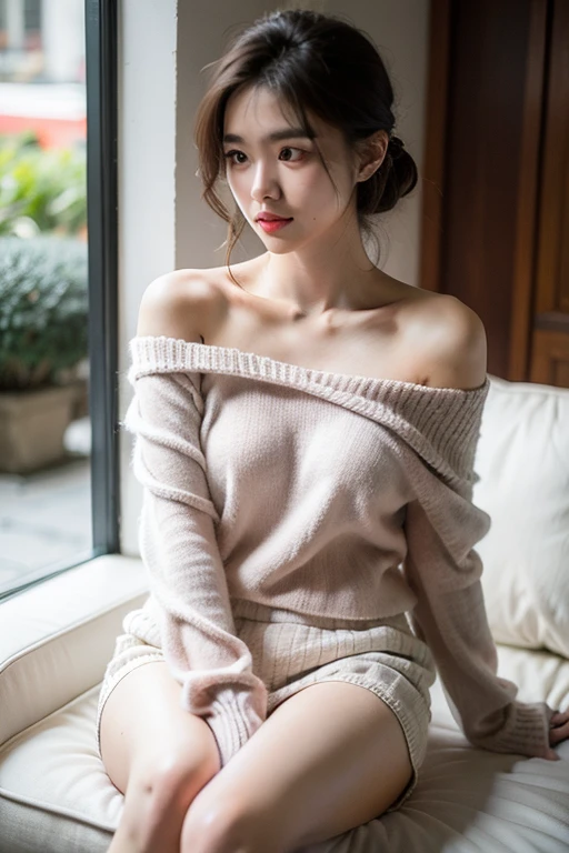 Dark brown hair、Light brown eyes、Japanese actress、 Lady、I am about 40 years old...、(Intricate details:1.2)、(Which is the top???:1.4)、 (Ultra-high resolution:1.2)、Ultra-high resolution、(Finely tuned)、(Detailed facial features)、Hmph、8K resolution、D cup size breasts、Long Hair、Updostyle, Updo、Hair Bun、1 Girl, Deep sorrowの表情, (Very detailed美しい顔), (camisole:1.5), (Bare shoulders:1.3), (Highest quality:1.4), (Very detailed)、Beautiful fair skin with transparency, Are sleeping、Sleeping on the floor、Top View、 Spread your legs wide, Open your mouth a little、Her legs are visible through the dress、Deep sorrow、Pose of Weakness、Obscene pose、White floor、White wall、The morning sun shines in、Sleep on your side。