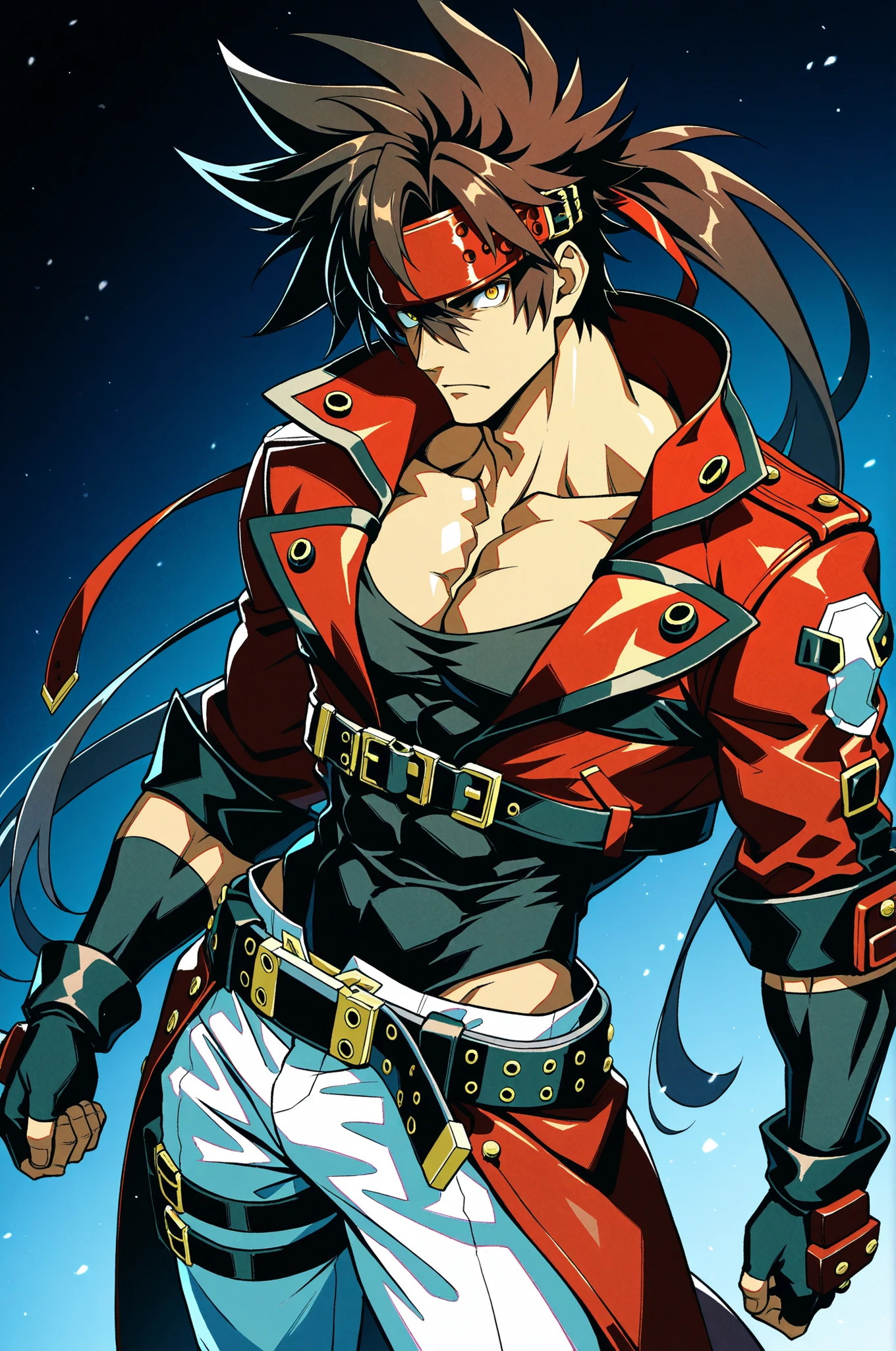 masterpiece, best quality, absurdres, newest, very aesthetic, amazing quality,highres, 1boy, male, Sol Badguy, brown hair, gold eyes, black vest, red jacket, belt, headband,ultra-detailed, intricate details 