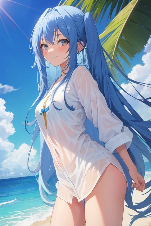 one-girl, Short crop top shirt, Slender legs, naked leg, The barefoot, On the beach, blue-sky, the sea, hair bow, gradient hair, smile, light smile, light blue hair, gradient hair, long hair, anime style, chromatic aberration, chiaroscuro, reflection light, backlighting, UHD, ccurate, high details, best quality