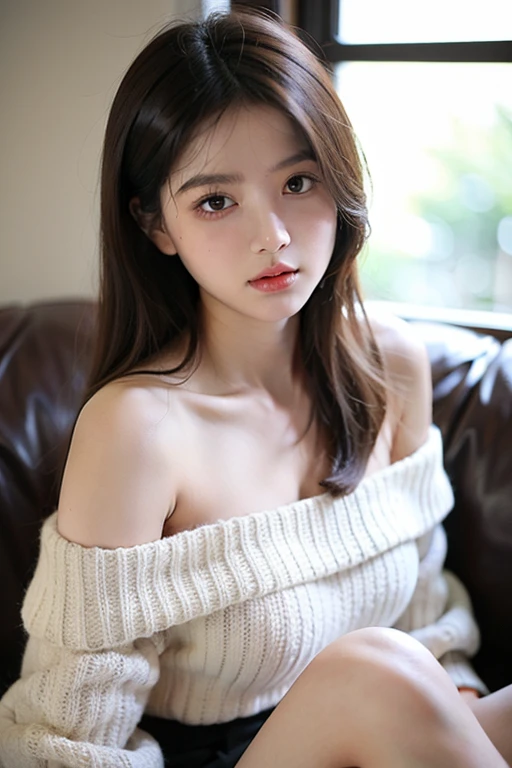 (masterpiece, highest quality, Realistic, High resolution, photograph, :1.3), Waist up pose shot, Sharp focus, One dark brunette girl, Japanese girl, Hot Model, Highly detailed eyes and pupils, Realistic Skin, Slim figure, Neckline, Highly detailed hair, Delicate face, Sensual look, Bright lips, ((Wearing an oversized, loose off-the-shoulder shirt)), indoor, whole body,
