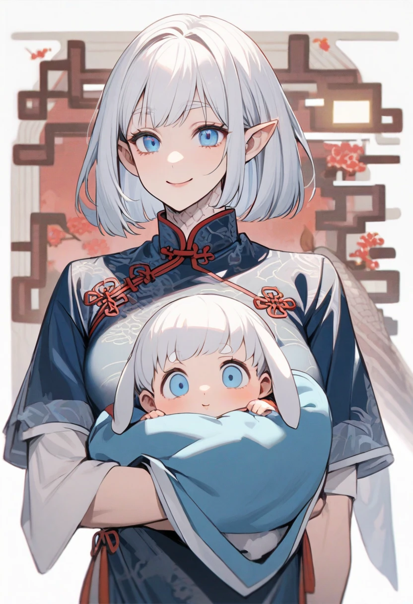 Ningguang, 1woman, as a mother, holding a little baby boy, white colour hair, 8k, high detailed, high quality