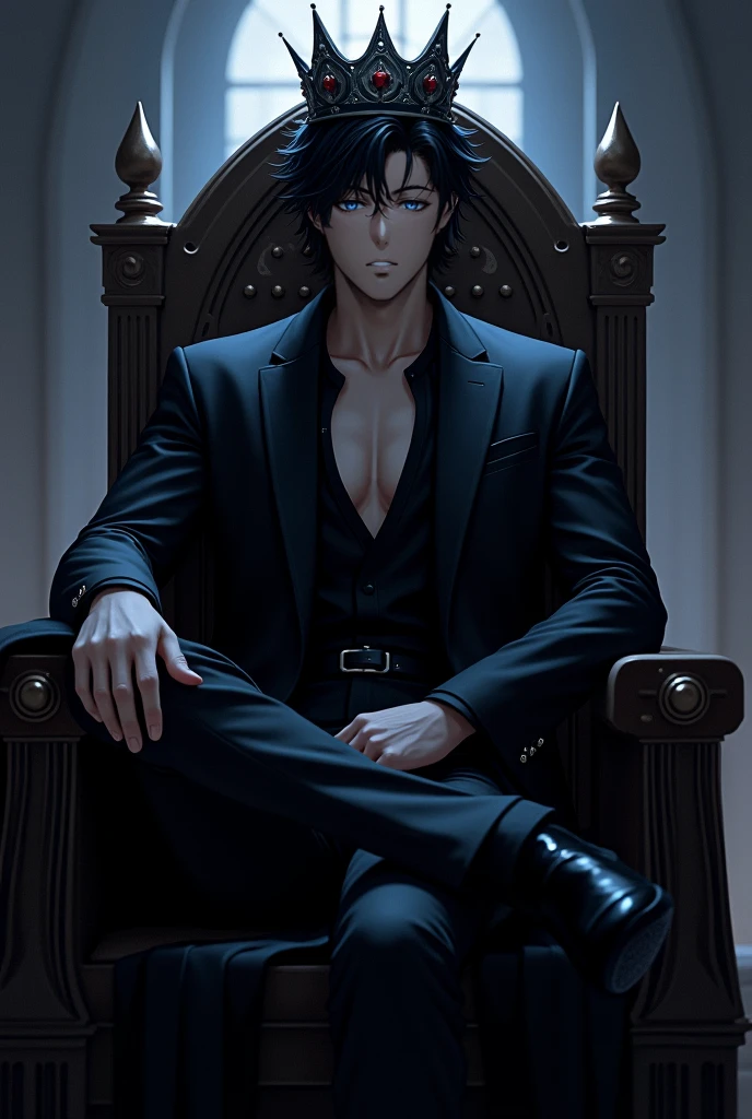 Long black hair. Teal blue eyes, Male, Blue and black frilly gothic clothes, Surrealism, Sexy, Masterpiece, Shiny, Gloomy effects, 8k, super detail, Shiny, Beautifully detailed, Pretty drawn. Sexy pose, hot. Anime. Seductive pose. vampire. Sitting on his throne and crossing his legs in a sultry way. Looking down and smirking maliciously. bottom angle. long Shiny boots. black shiny leather jeans. attractive and delicate facial features. saying "kneel down" Anime style. People are kneeling and bowing down in front of him in horror.