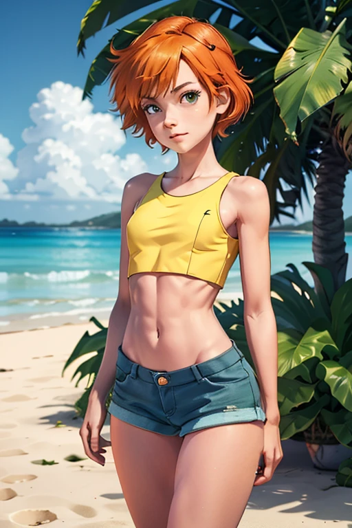 Misty de Pokémon, sexy girl, small, half naked, classic costume, dressed, short de mezclilla azul, top yellow, tirantes, YOUNG, skynny body, small and beautiful buttocks, toned abdomen, small and beautiful breasts, tiene una PokeBall en su mano, pose sexy y obscena, tierna, obscene, sensual, ella esta en el bosqie, el cielo esta resplandeciente e ilumina su belleza, Charizard in the background, sensual look, beautiful eyes, classic hairstyle, peinads con una coleta,Hair dyed in bright Orange color, best quality,4k,8k,A high resolution,masterpiece,ultra detailed,Realistic, Photorealistic,photo realistic
