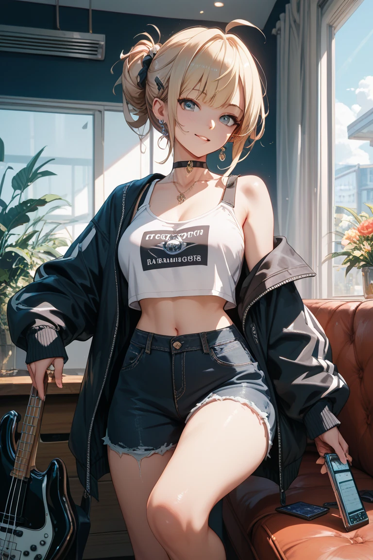 ((1girl)), 21 year old girl,
short blonde hair, big eyes, sweet smile, small breasts, thin hips,
choker collar, unzipped black jacket, red bra, jean shorts,
record store, records, vinyl,
open door, open window,
dramatic lighting, cinematic lighting,