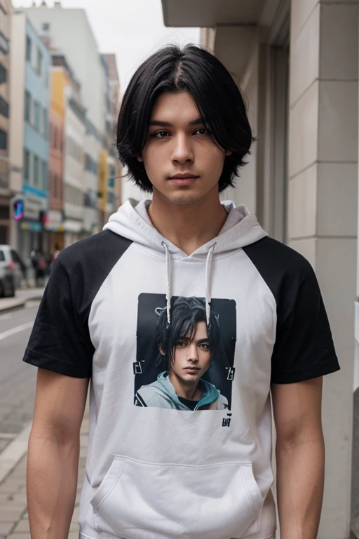 1 man 19 years old, black hair, messy hair, shaggy hair style, shoulder-length hair, bespectacled, hair over one eye, purple eyes, bare feet, wearing black t-shirt, wearing long jeans, decisive eyes, decisive face, left hand holds laptop, slight smile, smile cunningly, right hand holds the rope, turn around to the back, upper body, slightly bowed, stoop down, back bowed, action movie, narrow alley, late afternoon, best graphics, 8k, ultrasharp, masterpiece