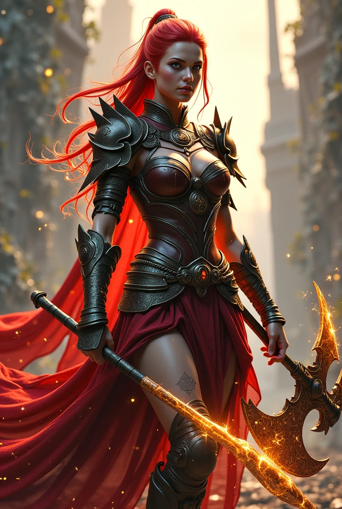 Mavuika from genshin impact, add more armour to look like a warrior, less revealing clothing, glowing red hair, claymore weapon, no showing skin