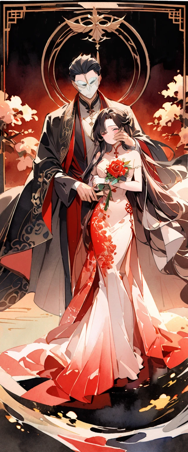Chinese male,traditional chinese wedding costumes,Chinese style,Fantastic atmosphere like a myth,A butterfly that shines like a crystal,suspicious smile,wearing a red veil