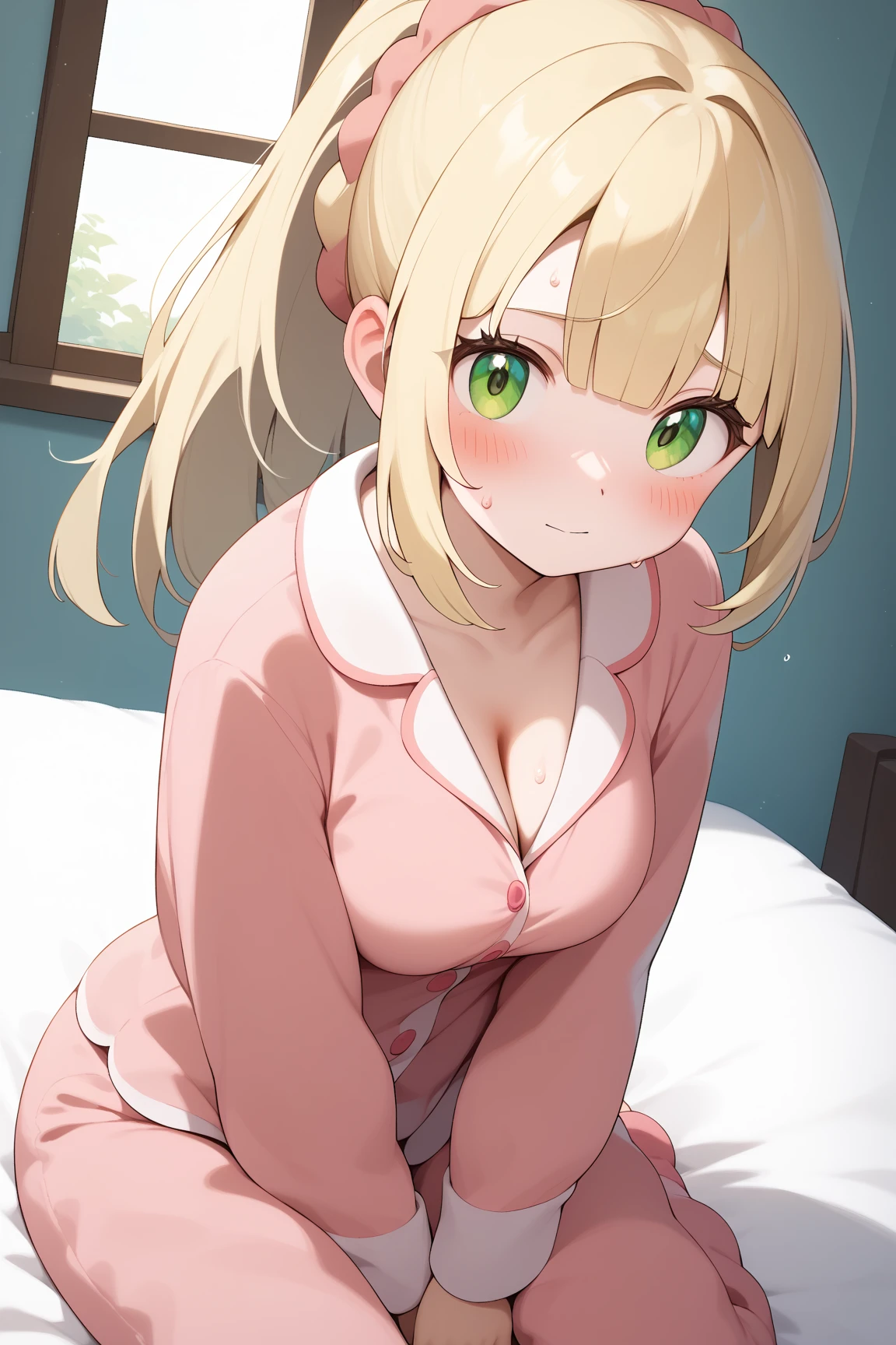 1 girl, blonde hair, blonde woman, hairlong, bright pink eyes, pastel colours, big breastes, Cute hair clips, blusher, sweat all over the body, Kemi, Bedroom, Bunny Suite, bunny suit