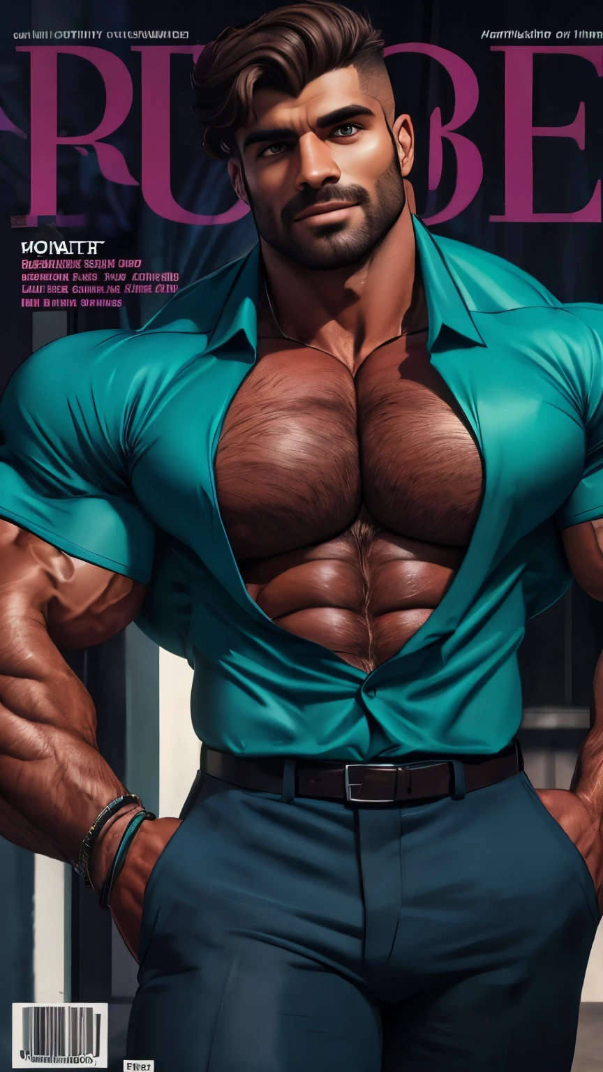 (masutepiece, Best Quality:1.2), Cowboy Shot, Solo, Male Focus, 1 indian boy, Indian beared football player, wetty body, messy wetty hairstyle, hairy chest, standing in office with spread legs, Looking at Viewer, Hands in pockets, Open your clothes, muscular guy, burly, hunk, Hot, big shoulders, musculature、(big hairy chest 1.2)、 (hyperdetailed face)、nicebulge, His perfect( big huge penis) is (coming out) of his boxer,masterpieces