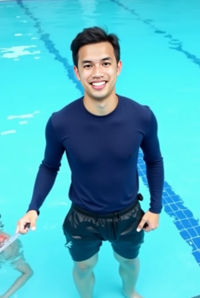 The same guy like always, is on the edge of an empty indoor swimming pool, smilling playfully and showing a peace sign to the camera. The phtographer crouched down but not seen since the guy is always being photographed. The guy is shirtless having light toned abs and only his upper body is shown as he leaned into the camera. His body is not really seen bc of the water and hes wet. In the background is just the normal swimming pool with no people in the background