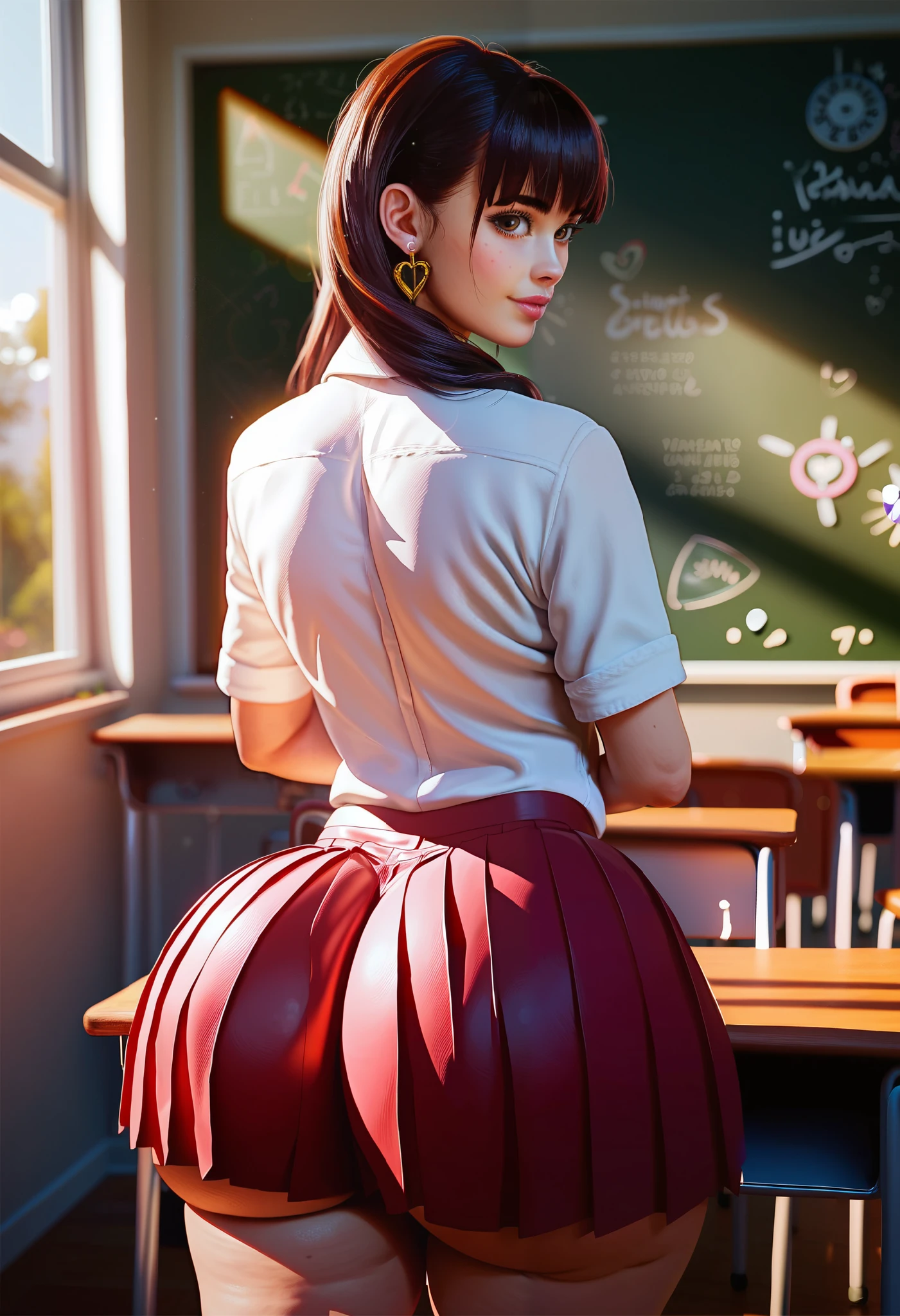 mitaka_asa, hyper-realistic, controlled lighting environment, detailed shading, soft sunlight, masterpiece, 1 young student, girl, earring, loose brown straight hair, school uniform, short-sleeved white shirt, red pleated skirt, sexy, thick body, voluptuous, beautiful, huge ass, fat ass, wide hips, ass close up, (dynamic view), classroom, looking at viewer