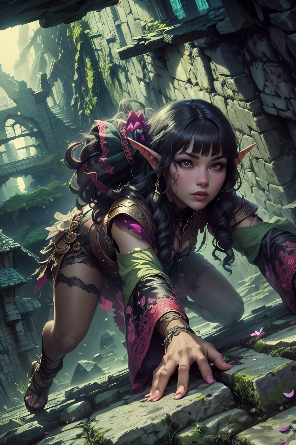 (Ultra-detailed face, Looking away, Gothic Illustration, Dark tone colors. She has five fingers on her hands and five toes on her feet.), BREAK
(Spring daytime when the sun shines brightly. A haze hangs in the air. Ancient stone ruins that create a mysterious atmosphere. Petals of spring flowers are dancing in the air.), BREAK
(A female dark elf adventurer is moving along a wall through a narrow passageway piled with stones. Her arms and legs are outstretched, and she hangs her limbs on the clues of the stone wall in a daring pose.), BREAK
(She has pure white hair, pure white eyebrows, blunt bangs, hair reaching to her waist that waves in the wind, small pink lips, lavender eyes, dark purple skin, and thick eyeliner. She enjoys adventure.), (She wears a traditional short, dark green, medieval European-style lace-up dress with cherry-red lace ribbon tie and embroidered cherry blossoms, and brown leather laced sandals.)